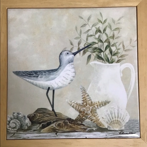 Vintage Diane Arthurs Framed Ceramic Tile Trivet Sandpiper Shells 8x8” Wall Art - Picture 3 of 14